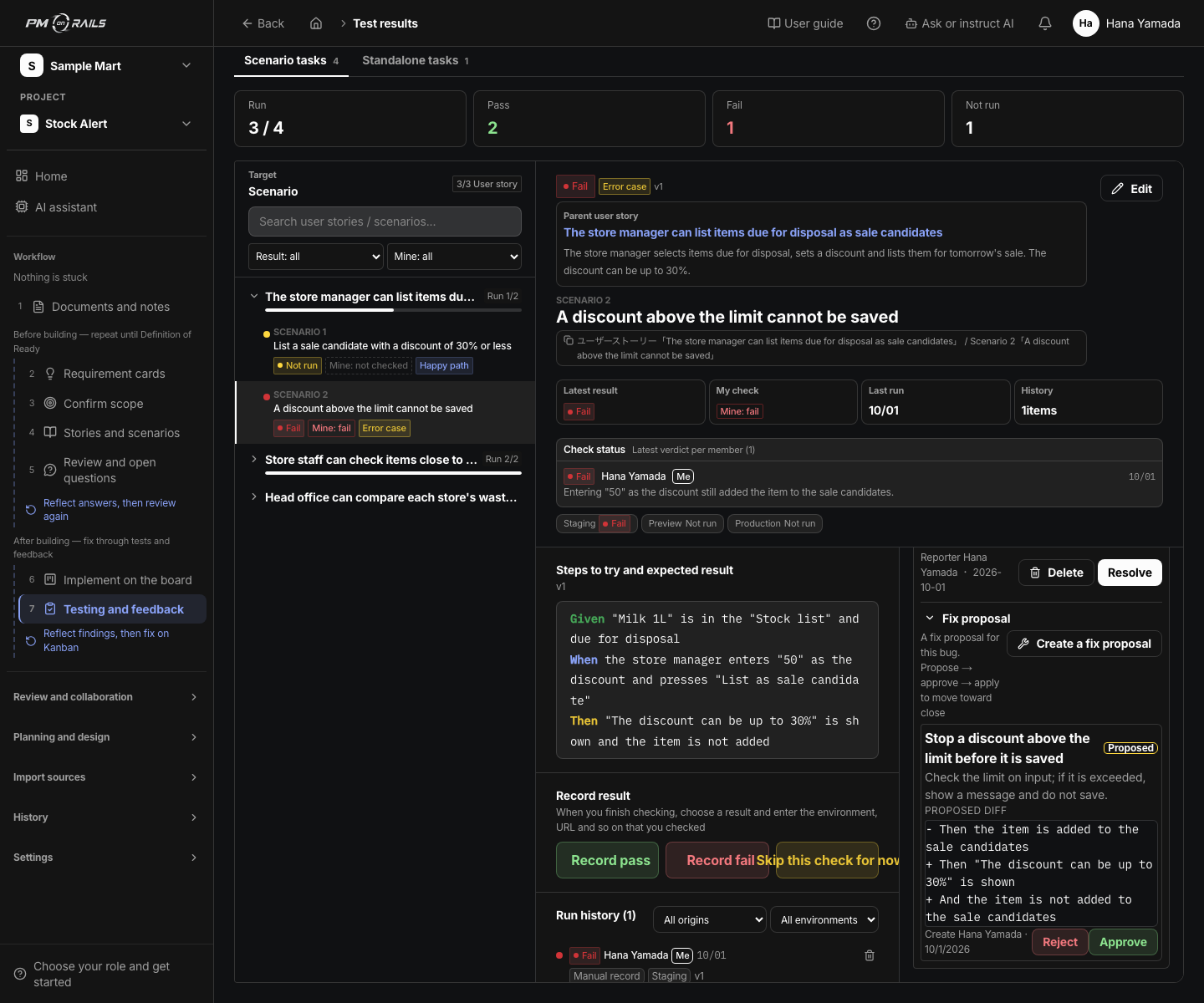 PM on Rails change-request screen. Proposed diff with approve, reject and apply. Specification changes stay in the same world, with the reason they changed. The screen that shows why requirements and progress must not split.