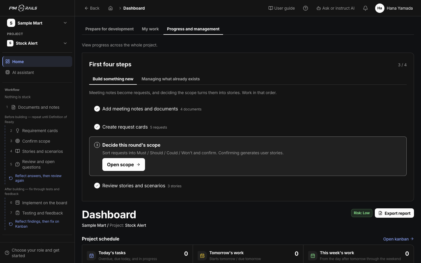 PM on Rails dashboard. Requirement readiness, your work, delays and cycle progress on one screen. This is the screen that stops in-house progress living in one person's head.