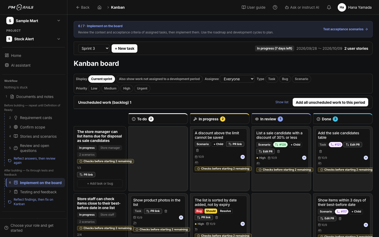 PM on Rails board. Tasks in To do / In progress / Review / Done, linked to pull requests. The screen that sends development activity back to progress.
