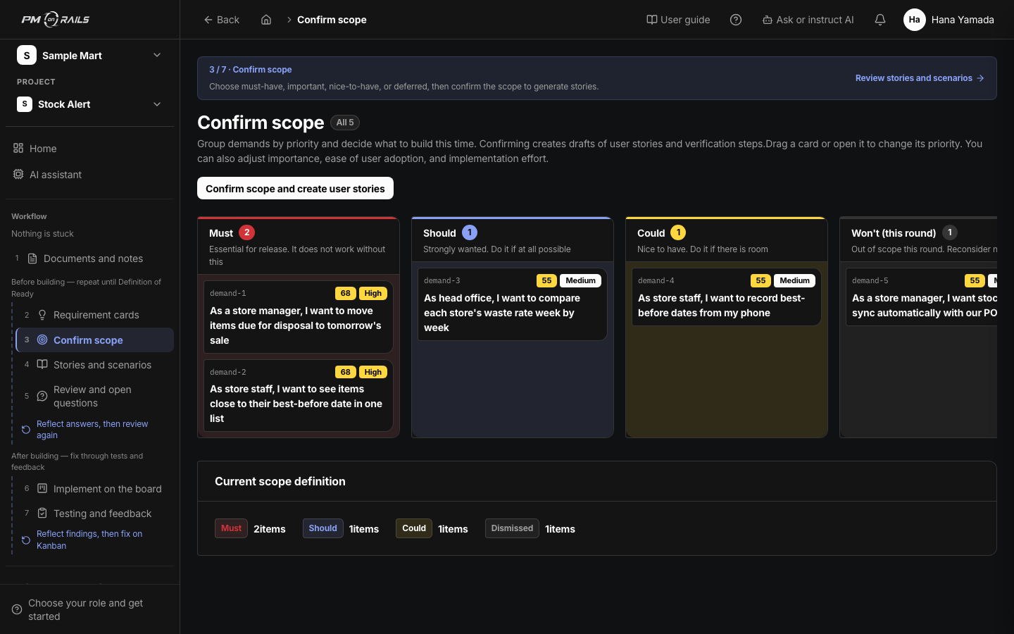PM on Rails scope board. Requirement cards sit in Must / Should / Could / Not this time, then a confirm action locks this round's promise. The screen that pulls scope fights forward.