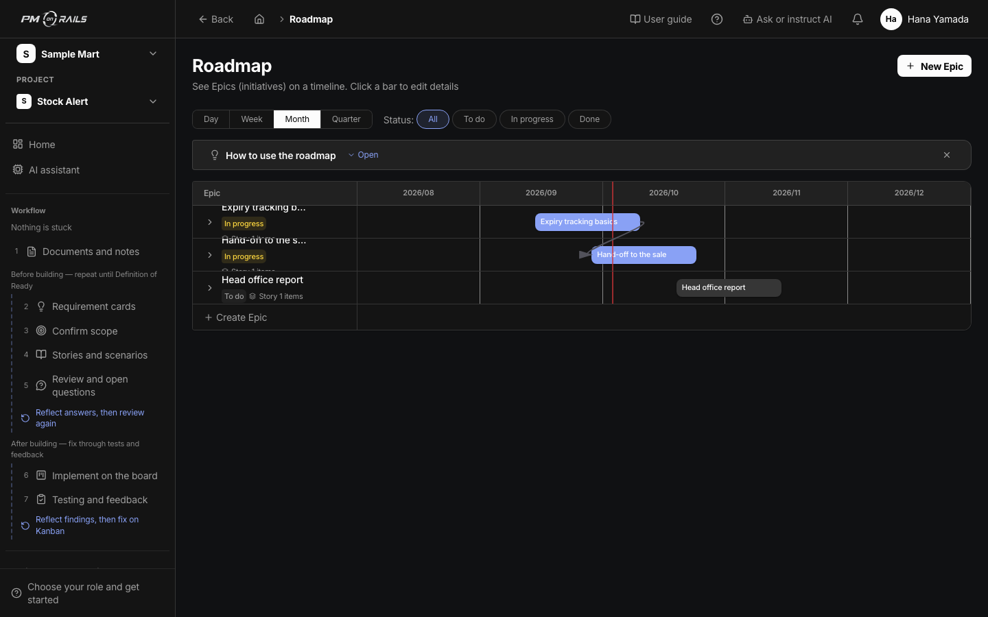 PM on Rails roadmap. Quarterly or cycle plans and the chunk being built now. When it will land is a screen, not a verbal update.