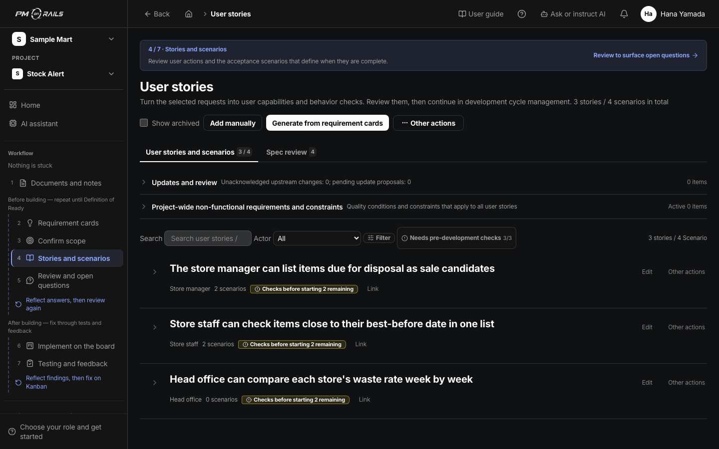 PM on Rails user-story screen. Development units, summaries and the path into acceptance scenarios. The screen that assembles who, what, how far and what done looks like before the AI builds.