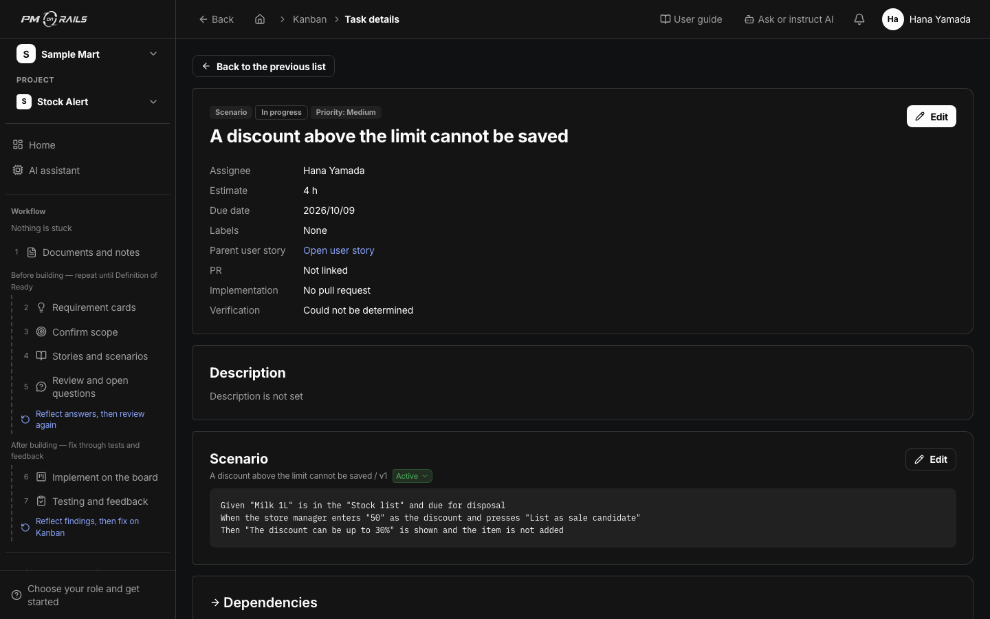 PM on Rails task detail. The parent story and the acceptance scenario it came from on one screen. Request to task, connected in a single structure.