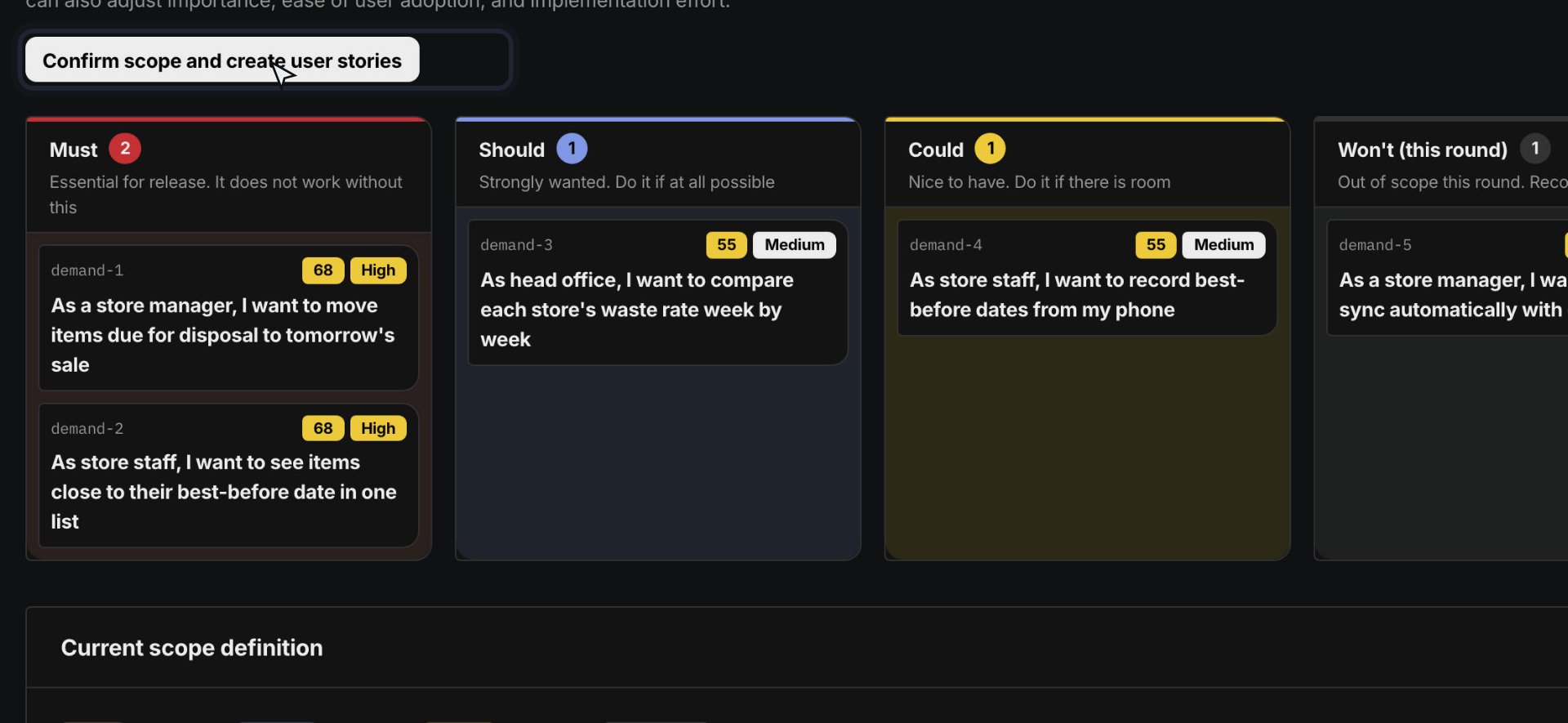 The scope screen. Requirement cards sit as two Must, one Should, one Could and one Not this round, with the confirm button above them.