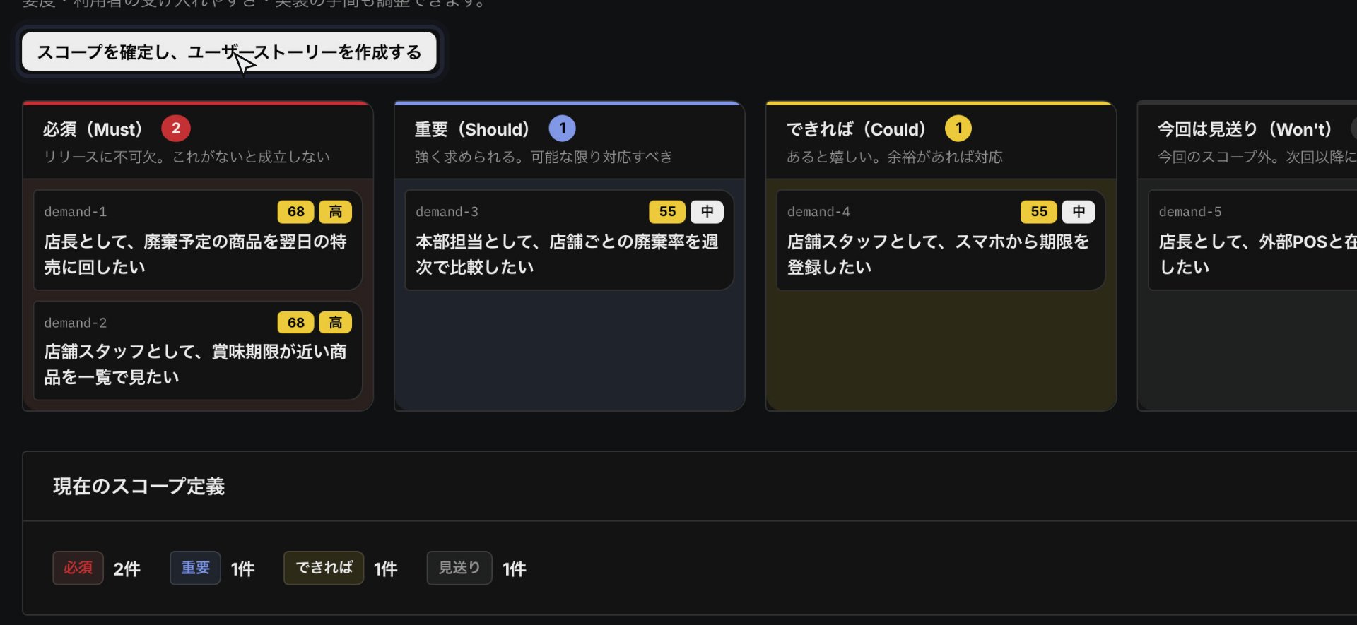 スコープ確定の画面。要求カードが必須2件、重要1件、できれば1件、今回は見送り1件に置かれ、上に確定ボタンがある。