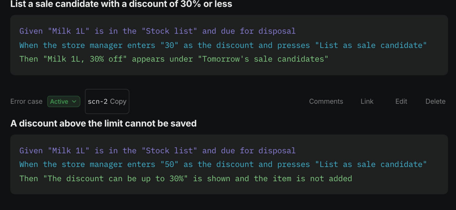 Acceptance scenarios on the story detail screen. Two scenarios, one for a discount of 30% or less and one for a rate above the limit, are written as Given, When and Then.
